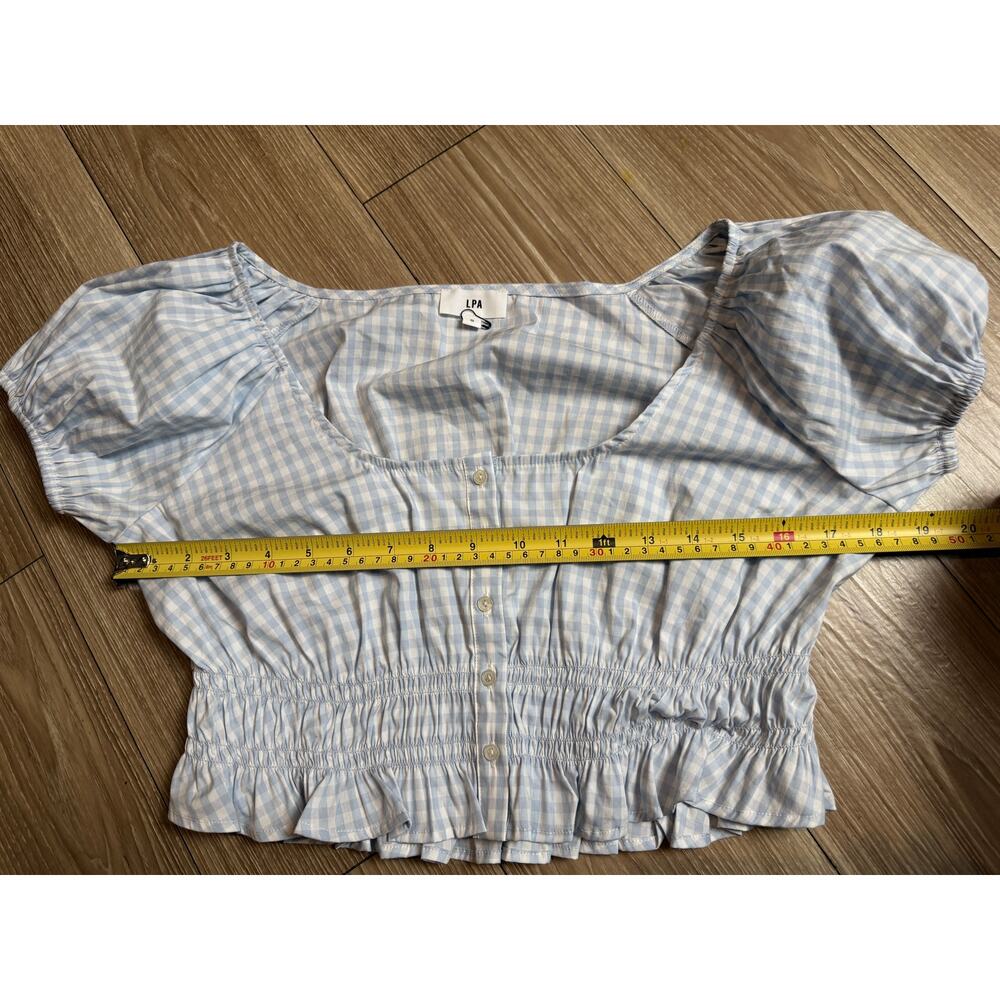 NWOT LPA Brigette Blue Gingham Ruched Puff Sleeve Crop Top Size S - Picture 4 of 6